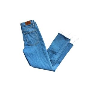 BDG Dillon Straight Leg Jeans Women W27 L32 Blue High Rise Button Fly Raw Hem